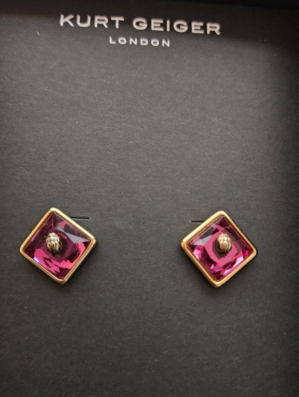 Kurt Geiger Pink Square Crystal Gold-Trim Stud Earrings